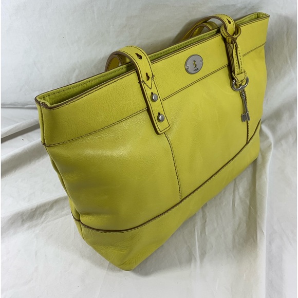 Genuine vintage FOSSIL bright yellow leather tote bag with  key fob - Picture 8 of 15